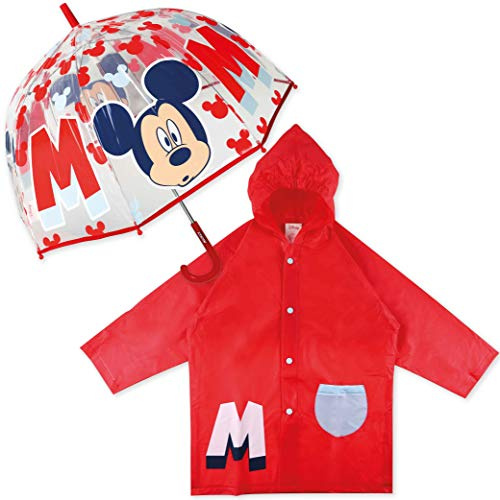 Mickey Mouse Paraguas Transparente Infantil y Chubasquero Pack Paraguas Infantil Burbuja y Chubasquero Niño Impermeable con Capucha | Ropa de Agua Impermeable Roja Niños para Vuelta al Cole