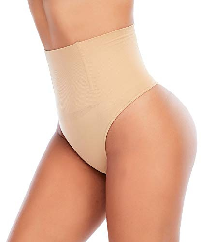 Werena Tummy Control Thong Shapewear for Women Seamless Shaping Thong Panties Body Shaper Underwear(01# Beige-mid Waisted(has Boning),X-Large)