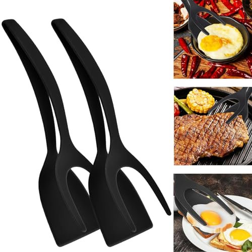 DKIIL NOIYB Spatola 2 in 1 e pinza flip multiuso fritto Egg Spatula, antiaderente padella da cucina, paletta per uova fritte per pane, pesce, pancake, toast (2 pezzi) nero)
