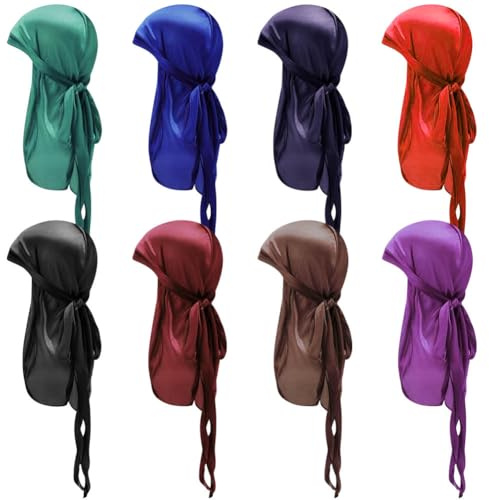 Besforta 8 piezas de seda para bebé Durags con cola larga y correas anchas para niños Satén Durag Caps Niño Sombreros para 360 Ondas, Colores clásicos, 32-38