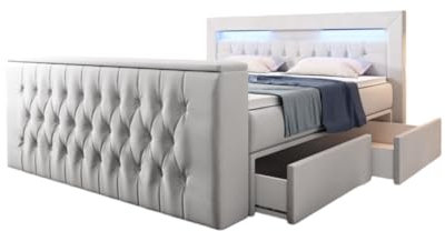 Boxspringbett Menzogna 180x200 Doppelbett Polsterbett Bett mit TV Lift, USB und Stauraum (2 Schubladen) | Bezug: Samt | Farbe: Weiß | Härtegrad: H4 (100kg+)