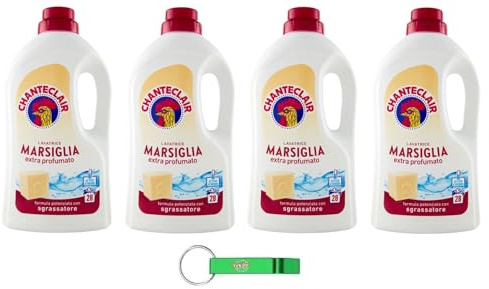 4x Chanteclair Lavatrice Marsiglia Detersivo Liquido - Flüssigwaschmittel für die Waschmaschine - Waschmittel Formel mit Entfetter 28 Wäschen 1260ml + Beni Culinari Kostenloser Schlüsselanhänger