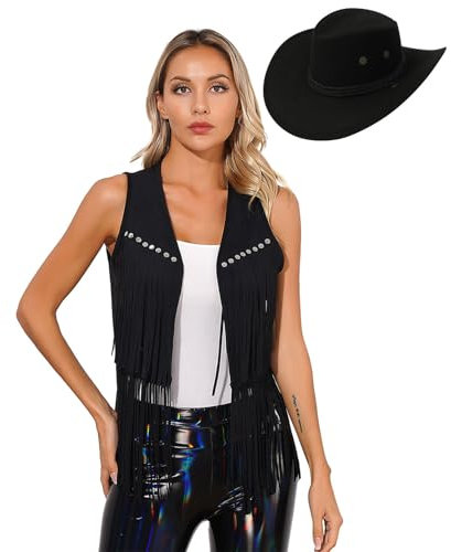 dPois Damen Cowboy Kostüm Erwachsene Wilder Westen Kosütm Wildleder Fransenweste mit Cowboy Hut Halloween Fasching Kostüm Schwarz L