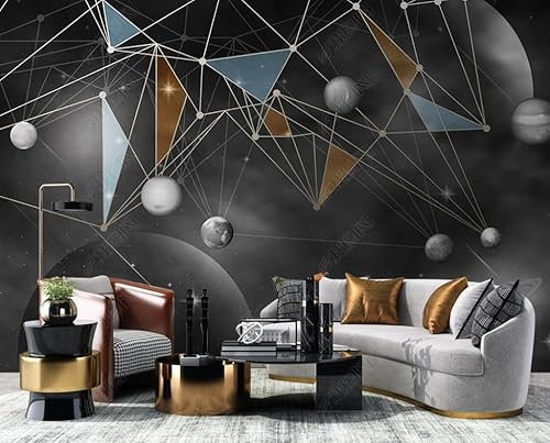 Papier Peint Panoramique Lignes Géométriques Univers Planète Ciel Étoilé Espace Trompe L Oeil Déco Mural Tableaux Muraux Photo 300Cm(L) X210Cm(H)