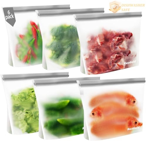 ReaGold 6 Stück Gefrierbeutel Wiederverwendbar, Gefrierbeutel Zipper, Ziplock Beutel Silikon Wiederverwendbare Gefrier Beutel, Sandwichbeutel Küche Beutel für Gemüse Milch Snacks Fleisch