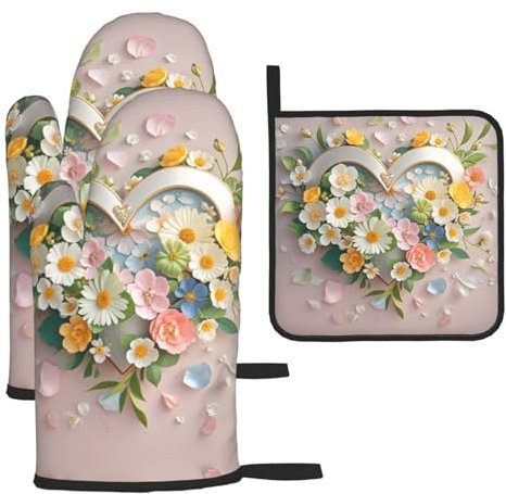 Lot de 3 gants de cuisine et maniques résistants à la chaleur en forme de cœur avec fleurs et maniques en silicone antidérapant pour la cuisson au barbecue
