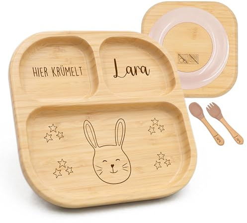 Kidsmood - Kinderteller mit Saugnapf inkl. Baby Besteck mit Namen – Teller für Kleinkinder, rutschfest – Beikost Baby Zubehör, personalisierte Geschenke zur Geburt, Taufgeschenke Jungen & Mädchen
