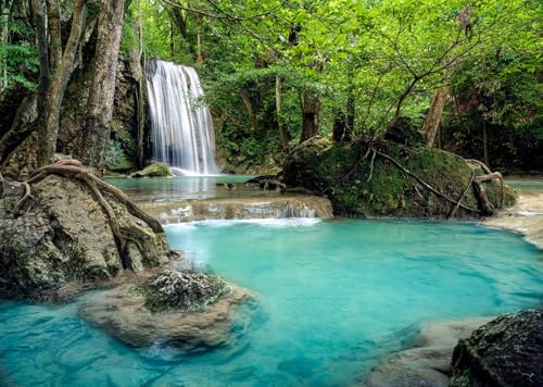CORFOTO 5.2x3m Thailand Forest Waterfall Background Erawan Waterfalls Photo Backdrop National Park Nature Landscape Photography Background Blue Stream Forest Scenery Travel Photo Booth
