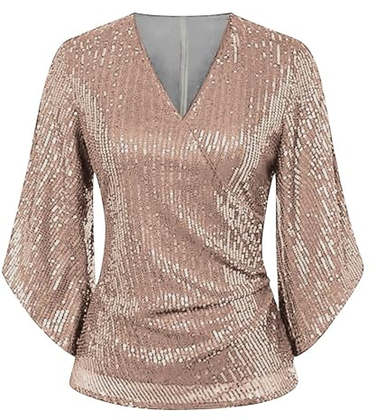 Yekdmxop Top Donna Elegante con Paillettes Taglie Forti Scollo a V Blusa Strass Capodanno T Shirt Curvy Manica Lunga Magliette Argento Brillantini Maglia Cerimonia Glitter Oro Maglietta Natale Tops