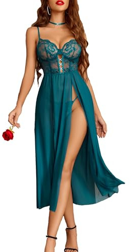 Avidlove Women Sexy Lingerie Lace Babydoll Mesh Long Chemise V-Neck Sleepwear Corset Nightdress Side Slit Nightwear Dark Blue