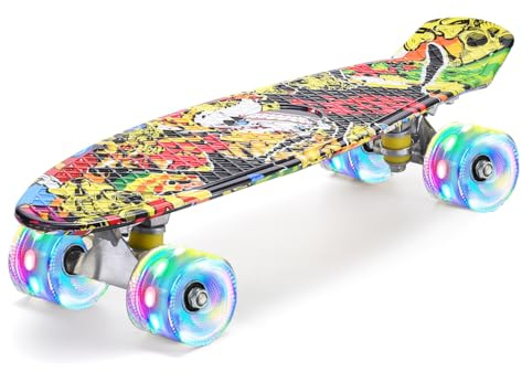 ERNAN Skateboard Complet Mini Cruiser pour Enfants 22，Skateboard avec Roues LED pour Enfants Débutants Filles Garçons Adolescents Adultes (KKlO)