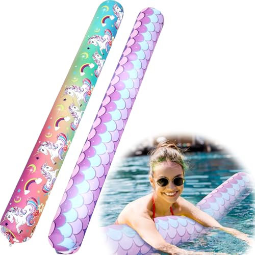 WinnerWhy 2 Pack Large Inflatable Pool Noodles 54'' Jumbo Swim Pool Noodles for Floating Soft Fabric Covered Floats Toys for Adults Summer Vacation Sea Lake Beach Party(Mermaid and Unicorn)