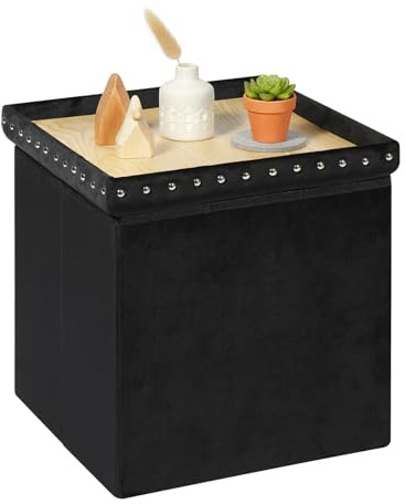 PINPLUS Sitzhocker mit Stauraum, Faltbarer Sitzwürfel aus Samt, Polsterhocker mit Aufbewahrungsbox für Wohnzimmer & Schlafzimmer, 40x40x40 cm, Schwarz
