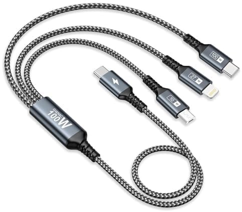 GIANAC 100 W USB C till multikabel [50 cm] laddningskabel 3-i-1 | Universell laddningskabel USBC[100W]+Micro[10W]+Lightning[27W] för Galaxy S26 25 24/iPad ProMacBook Pro/Air/iPhone 15 14 13