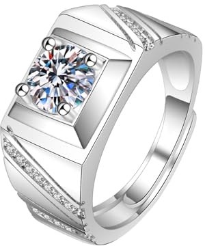 Mesnt Ring Weißgold Herren, 14 Karat Weißgold Ring für Herren Siegelring mit im Labor hergestelltem Diamanten, Größe 66 (21.0)