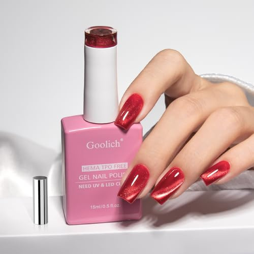 Goolich Jelly Glass Katzenauge UV Nagellack, 15 ML HEMA & TPO Frei Roter Holografischer Glitzer Schimmer Magnet Gel Nagellack mit Magnet Ablöse UV LED Nageldesign Maniküre Salon für Frauen Mädchen