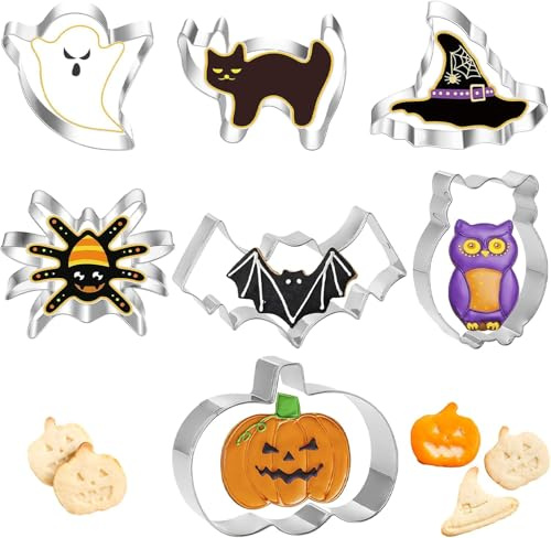 AYNKH Ensemble de 7 Moules à Biscuits pour Halloween, Moules à Pâtisserie en Acier Inoxydable pour Halloween,Citrouille, Chauve-Souris, Fantôme, Chapeau de Sorcière, Araignée, Chouette, Chaton