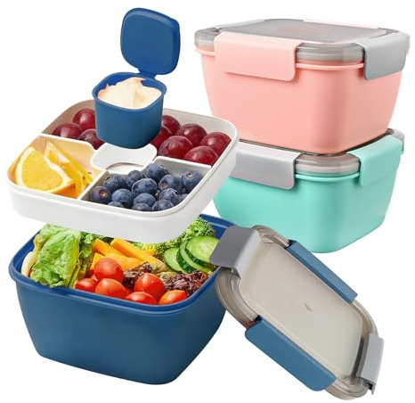 3er Set Lunchboxen mit Fächern, 1500 ml, mit Dressingbecher und Gabel