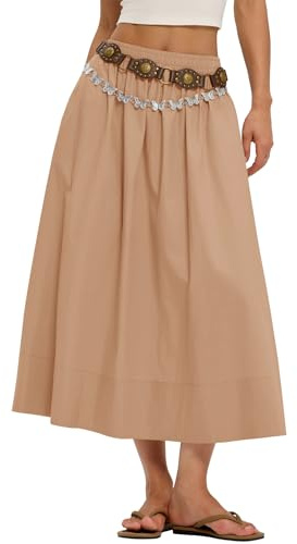 LOMON Long Skirts for Women A-Line Cotton Flowy Maxi Midi Skirt Boho Summer Beach Casual Solid Dresses Clothes with Pockets (Camel, M)