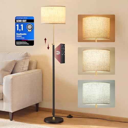 VASAGLE Floor Lamp for Living Room, Adjustable Height 140-170 cm, Modern Standing Lamp with Foot Switch, Remote Control, 3 Colour Temperatures, E27 Socket, Memory Function, Gold and Black LFL005BD03