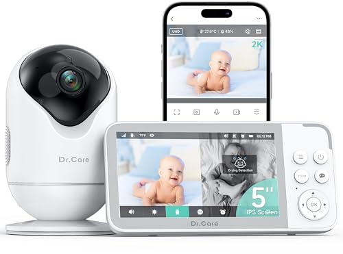 Dr.Care Babyphone 5 Écran Divisé, Caméra 2K, Wi-FI & Mode Local, Détection Mouvements & Suivi Personnes, Détection Pleurs & Température, App iOS/Android, Batterie 5000mAh (1 Caméra + 1 Moniteur)