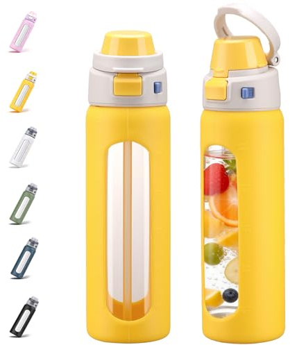 BLUEGO 2-in-1 Borosilicate Glass Water Bottle with Straw for Sports and Travel, 700ml Drinking Bottle with Silicone Sleeve, Leak Proof, BPA Free, Yellow