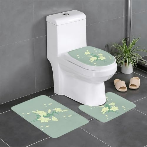 YUGTAEE Juego de alfombrillas de tres piezas con dibujos animados de lirios blancos con impresión absorbente de agua y antideslizante para baños, inodoros y cocinas
