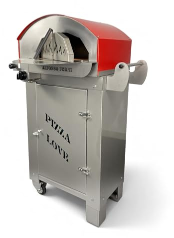 Forno pizza ibrido gas e/o legna da esterno Alfonsino – Forno pizza in acciaio inox AISI 304 con biscotto refrattario 40x40 cm, 500°C, cottura diretta a fiamma viva, Personalizzabile, con carrello