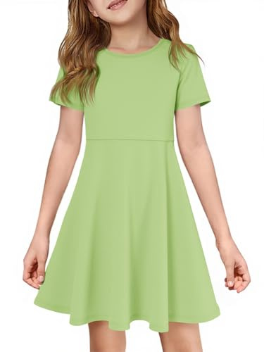 Haloumoning Robe à manches courtes et col rond pour fille - Robe d'été à volants - Ligne A - Couleur unie - Style décontracté et élégant - Robe de fête festive d'anniversaire, de mariage, vert clair