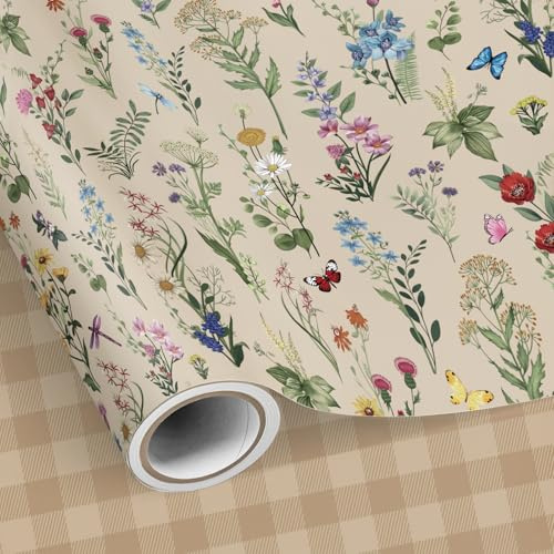 SHUCHING Papperspresentpapper Vilda Blommor Vår - 43 cm × 10 m, Vridbart Presentpapper med Bruna Fyrkanter - för Kvinnor Flickor, Födelsedag, Bröllop, Alla Hjärtans Dag, Fest