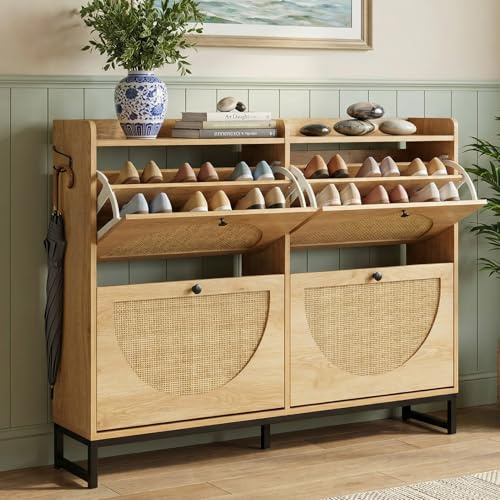 Trintion Rattan Schuhschrank Schmal mit 4 Klappen, Schuhkipper mit Verstellbaren Einlegeböden, Nur 23,8 cm Tief, Große Schuhaufbewahrung für 30–38 Paar Schuhe, Schuhschrank
