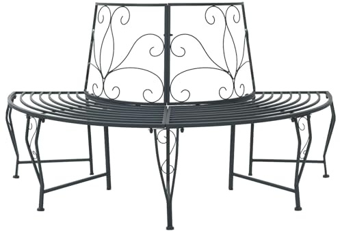 LoogCape Banc d'arbre 4 places - 160 x 80 x 89 cm - Acier argenté et gris - Banc de parc de jardin résistant aux intempéries - Semi-circulaire avec dossier pour troncs d'arbre