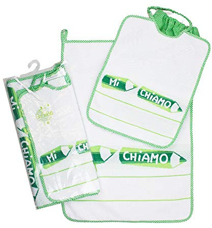 Set ASILO SCUOLA MATERNA da ricamare.Completo 3 pezzi: bavaglino con elastico cm.29x35, asciugamano cm.40x55 e sacca cm.32x37 con fascia in etamine per punto croce Cotone 100% Made in Italy, Verde