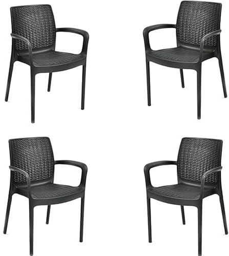 Keter Bali - Lot de 4 chaises de Jardin pour intérieur et extérieur avec accoudoirs, idéales pour Jardins et terrasses, empilable, résine avec Finition en rotin Plat, Couleur Graphite