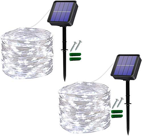 Catena Luminosa Esterno Solare,[2 Pezzi] Useber 2X12M 120LED LED Luci Solari Esterno,8 Modalità Impermeabile Lucine da Esterno per Albero di Natale,Casa,Balcone,Giardino,Terrazza-Bianco freddo