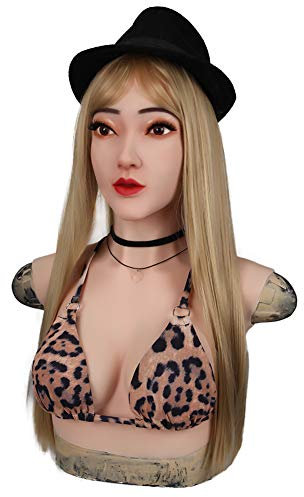 XSWL Weiche Silikon weibliche Kopfmaske Handgemachtes Gesicht mit C Cup Silikon gefälschte Brust Brüste für männliche bis weibliche Cosplay Halloween-Maskerade,Color 2