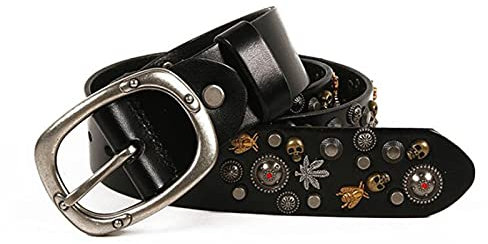 Herren & Damen Nietengürtel Ledergürtel mit Legierung Schnalle Schädel Biene Geprägtem Muster Nieten Gürtel kürzbar,Schwarz,110cm(36~38)