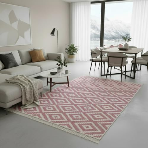 Fashion4Home Teppich Läufer - Tepiche für Wohnzimmer, Schlafzimmer, Küche, Kinderzimmer, Badezimmer - Boho Kelim - Läufer Flur, Trio-Altrosa-Weiß, Größe: 160x230 cm
