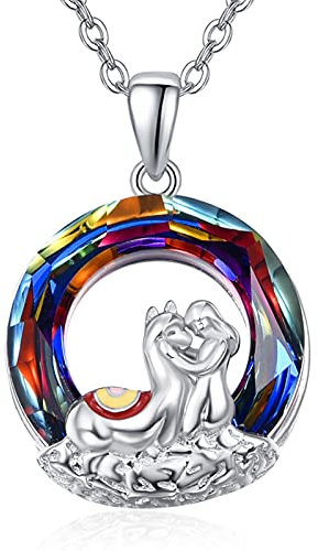 TANGPOET Llama Collar de plata de ley 925 con colgante de alpaca con collar de cristal para niñas abrazar alpaca regalos para mujeres y niñas