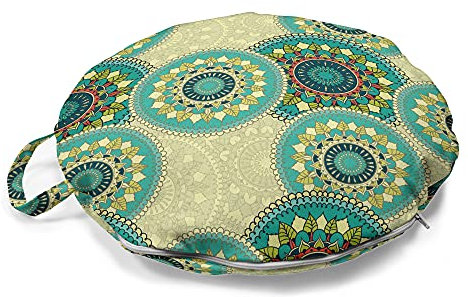 ABAKUHAUS Mandala Rundes Bodenkissen mit Griff, marokkanische Motive, dekoratives Kissen für Wohnzimmer & Schlafsäle, 45 cm, Mehrfarbig