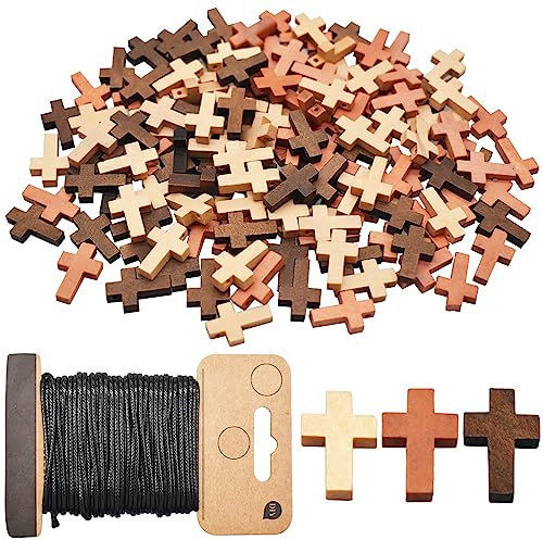 Saijer Wood Cross Pendants,150 PCS Natural Wood Cross with 1 Roll 20M Waxed Polyester Cord 3 Color Blessing Cross Charm Spacer Beads Mini Cross Beads for Party Sunday School DIY Craft Jewelry Making