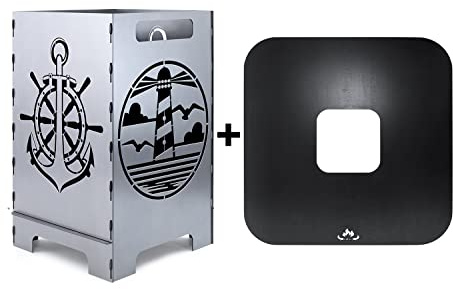 teileplus24 FT06 Feuertonne + Feuerplatte | Komplettset | Feuerkorb + Grillplatte | Groß Eckig, Design:Leuchtturm & Grillplatte