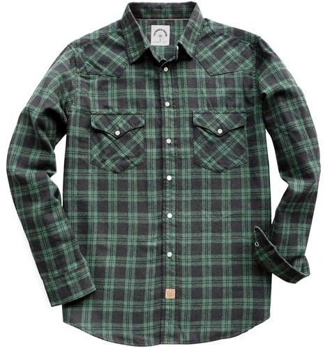 Dubinik® 6 oz Flanellhemden Herren Langarm Druckknöpfe Langarm Baumwolle Freizeithemden Regular Fit Westliche Karierte Hemden Grün Schwarz L