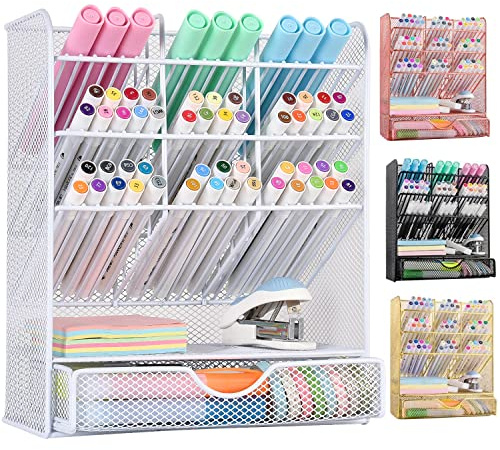 Spacrea, Organizador de escritorio y accesorios para bolígrafos y lápices, soporte con 10 compartimentos y 1 cajón, Blanco