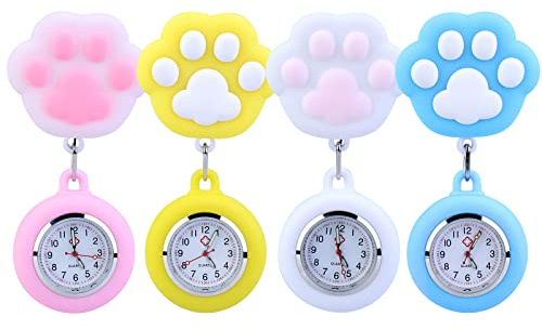 Vegena Lot de 4 montres d'infirmière - Étui en silicone - Montre d'infirmière à gousset - Avec clip - Pour homme et femme, Blanc + rose + bleu + jaune, Montre de poche