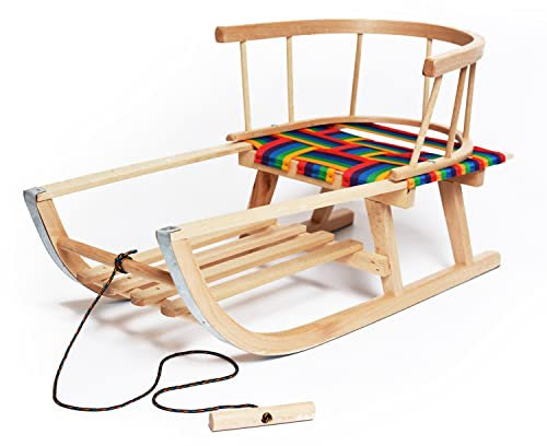Prime Garden® PINNO MINI COMODO Premium Holzschlitten Schlitten Kinderschlitten Rodelschlitten mit Rückenlehne Zugseil Holzgriff