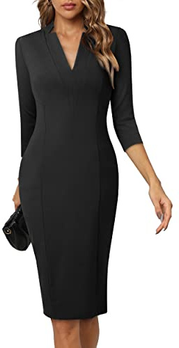 HOMEYEE Dam elegant V-ringad 3/4 ärm cocktail retro bodycon pennklänning business midi fodralklänning B760, svart, L