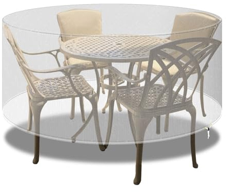 PATIO PLUS Copri mobili per esterni, copertura rotonda per tavolo da terrazza, impermeabile, antivento, anti-UV, copertura rotonda per mobili da giardino, per tavolo da terrazza e sedie, grande, 130 x