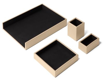 Eglooh - Atena - Schreibtisch Set Echtes Leder Beige - Schreibtisch Zubehör mit 4 Stücken: Taschenleerer, Stiftehalter, Ablagefächer, Visitenkartenhalter - Made in Italy