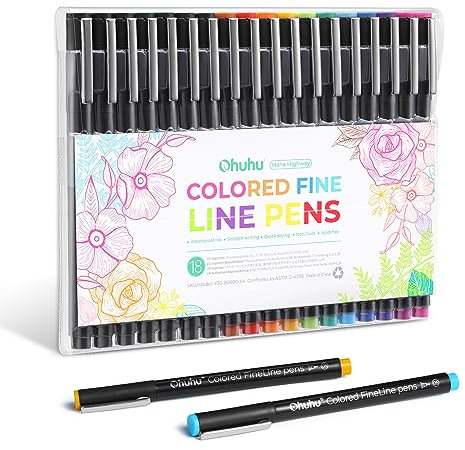 Ohuhu Fineliner Farbige Stifte 18 Stück 11 Farben Fineliner 0.45mm & 7 Filzstift Schwarz Verschiedene Spitzengrößen - kein Auslaufen der Tinte glatt für Handlettering Zeichnen Schreiben Skizzieren